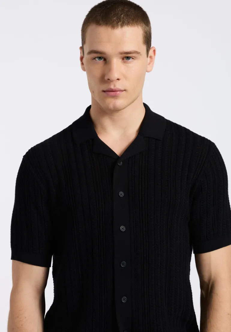 Wasko Men's Cable-Knit Short-Sleeve Button-Up Polo, Black - BM24540