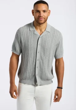 Wasko Men's Cable-Knit Short-Sleeve Button-Up Polo, Heather Grey - BM24540