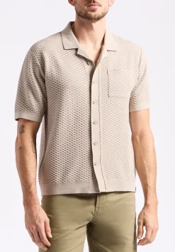 Willow Men's Short Sleeve Jacquard Jersey Button-Up Sweater, Tuffet Beige - BM24600